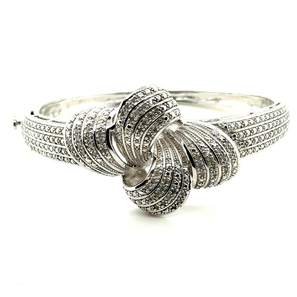 Womens Natural Diamond Love Knot Bangle Bracelet Silver Tone Hinged Statement